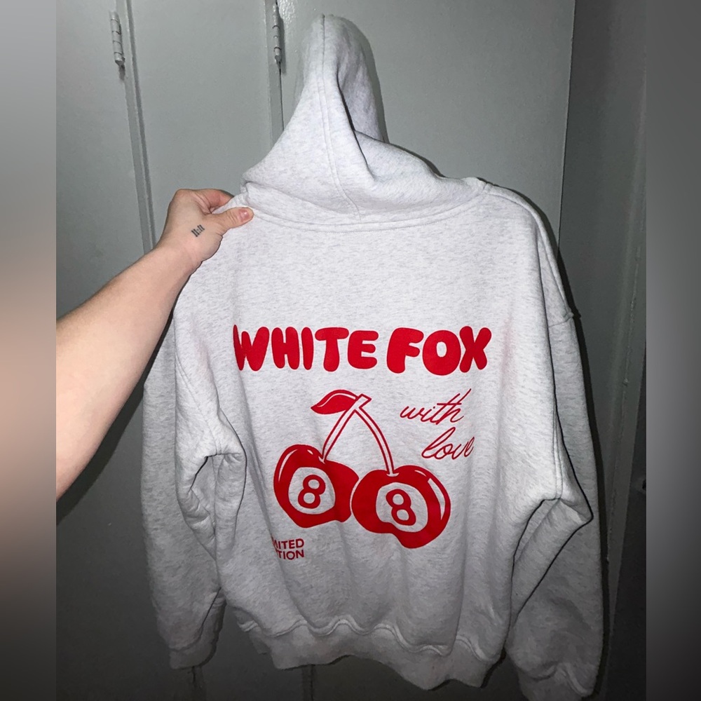 White Fox Gray Hoodie with Red Cherry Graphic